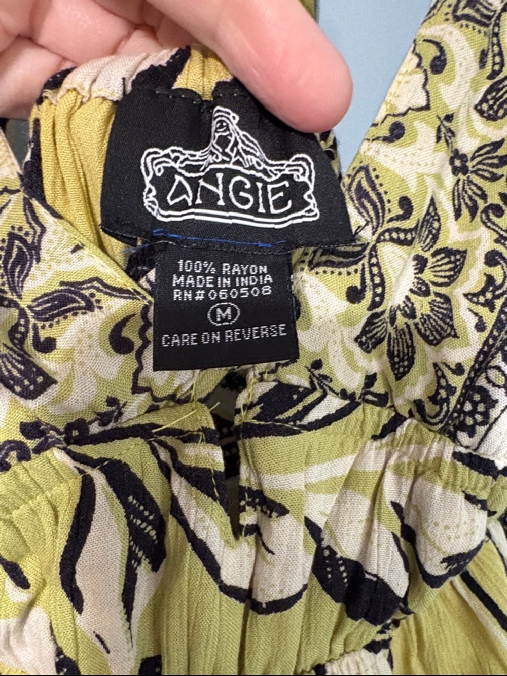 Medium Angie Chartreuse Green black boho Floral Rayon open back tie Maxi Dress - Picture 2 of 6